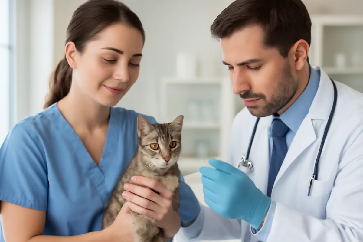 Two veterinary staff members, one in blue scrubs and one in a white coat with a stethoscope, examining a brown tabby cat being held gently on an examination table