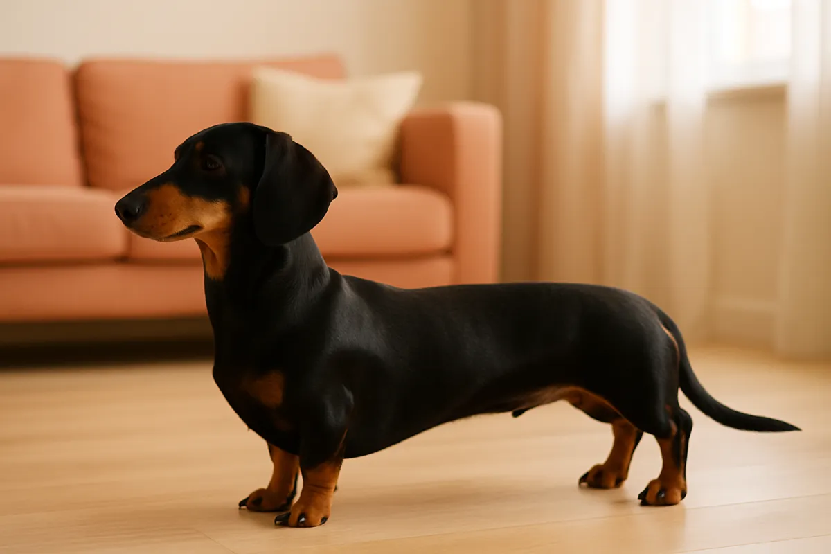 A black and tan smooth-coated dachshund standing in profile on a light wooden floor in front of a coral sofa