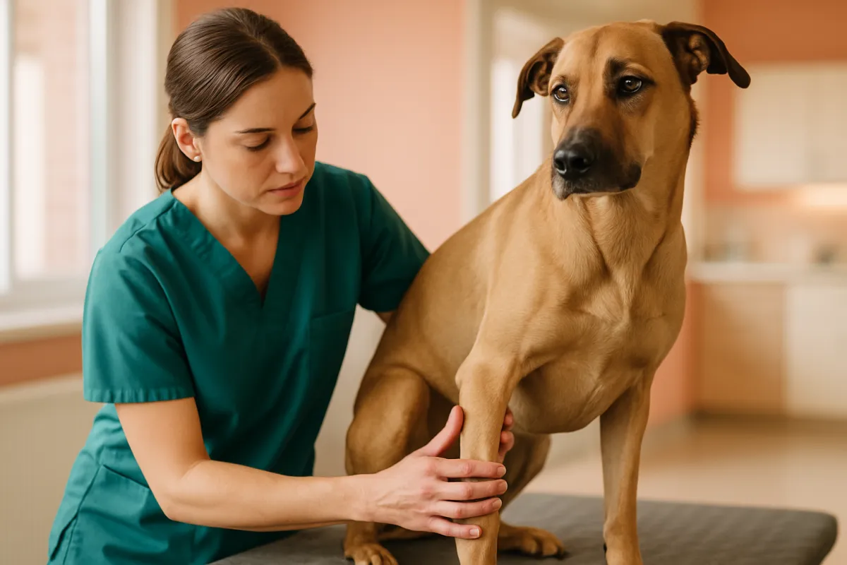 A person in teal scrubs resting both hands on the foreleg of a large tan short-coated dog standing on a padded exam table