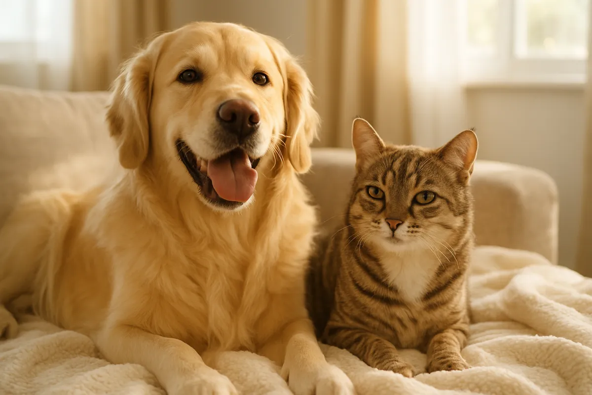 A large golden-coated dog and a tabby cat lying side by side on a couch