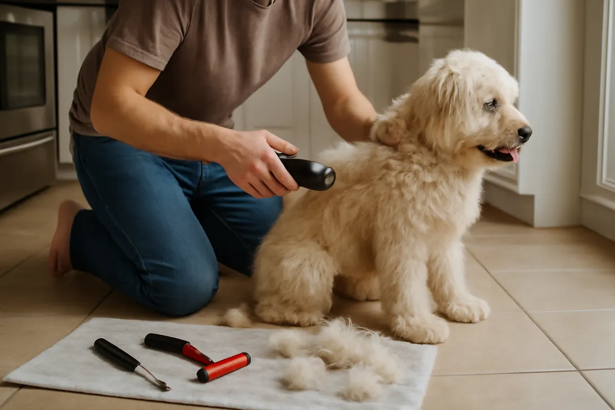 A person kneeling on a kitchen floor using pet clippers to groom a fluffy cream-colored dog's coat, with grooming tools laid out nearby