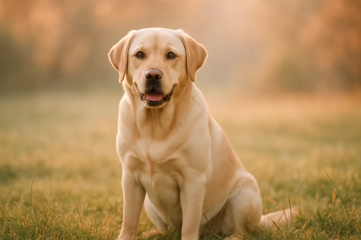 A yellow Labrador Retriever sitting on grass in warm golden light, facing the camera with its mouth open