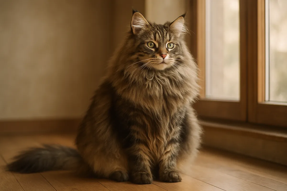 A large long-haired brown tabby cat with a full neck ruff, tufted ear tips and a plumed tail, sitting upright on a wooden floor beside a window