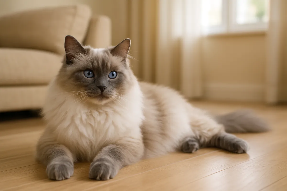 A large semi-longhaired cream and grey colourpoint cat with blue eyes lying stretched out on a pale wooden floor beside a sofa in a sunlit room