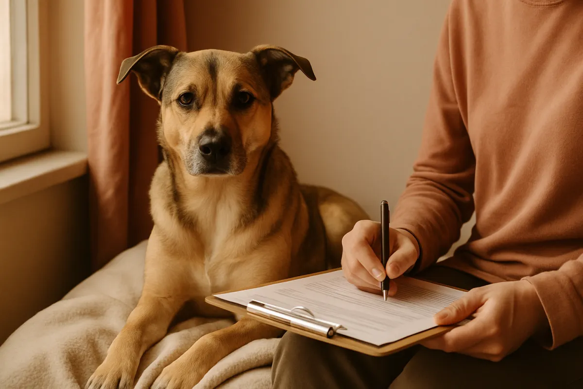 A tan dog with a dark muzzle sitting on a pale blanket beside a person filling in a printed form on a clipboard in warm indoor light