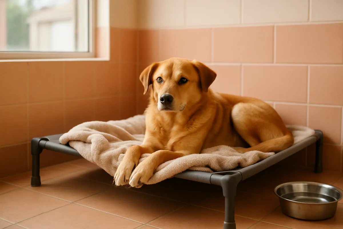 A tan short-coated dog lying on a raised cot bed with a soft blanket in a tiled room, a stainless steel water bowl on the floor nearby