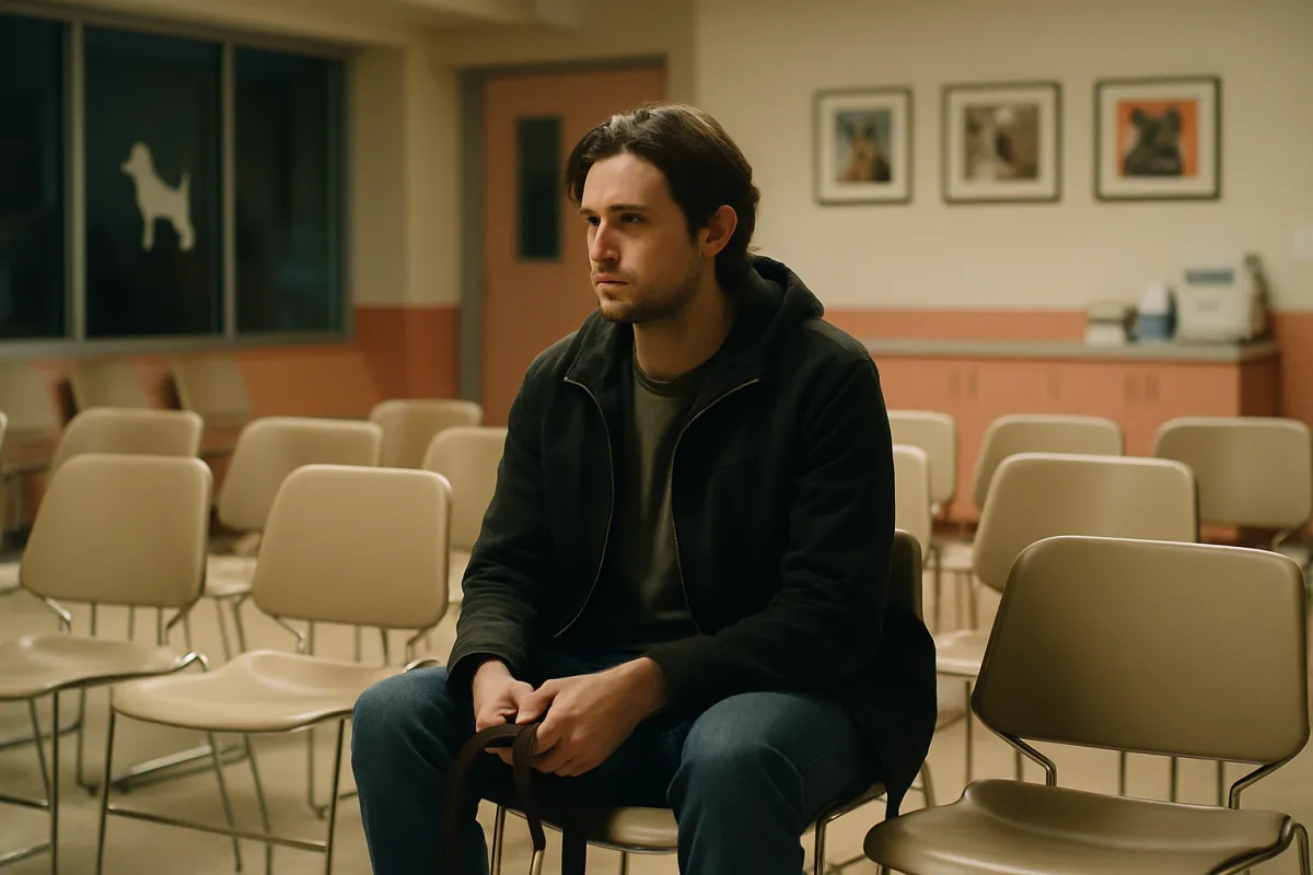 A person sitting alone in a dimly lit veterinary waiting room at night, holding a leash, surrounded by empty chairs