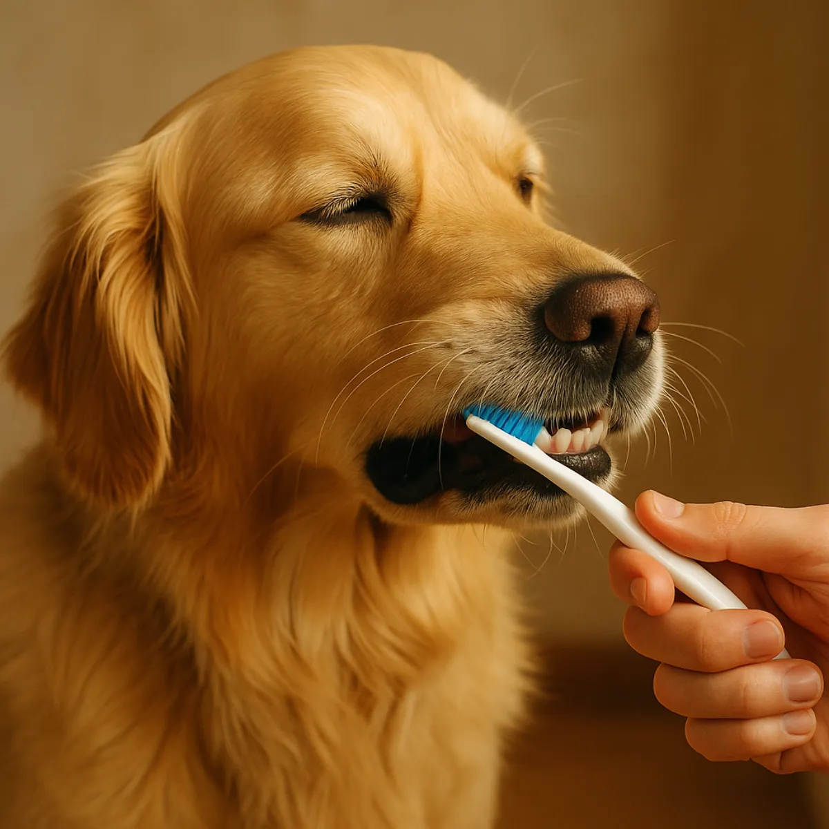 A veterinarian examining a calm dog's teeth and gums during a dental checkup in a bright clinic