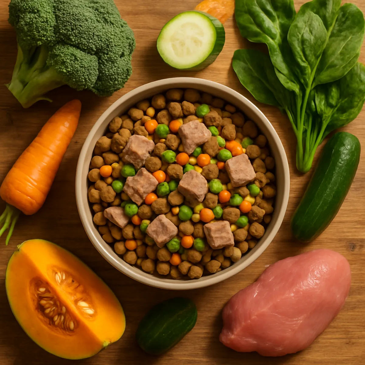 A bowl of puppy food with meat and vegetables surrounded by fresh carrots, cucumber, spinach, pumpkin, and raw chicken on a wooden board