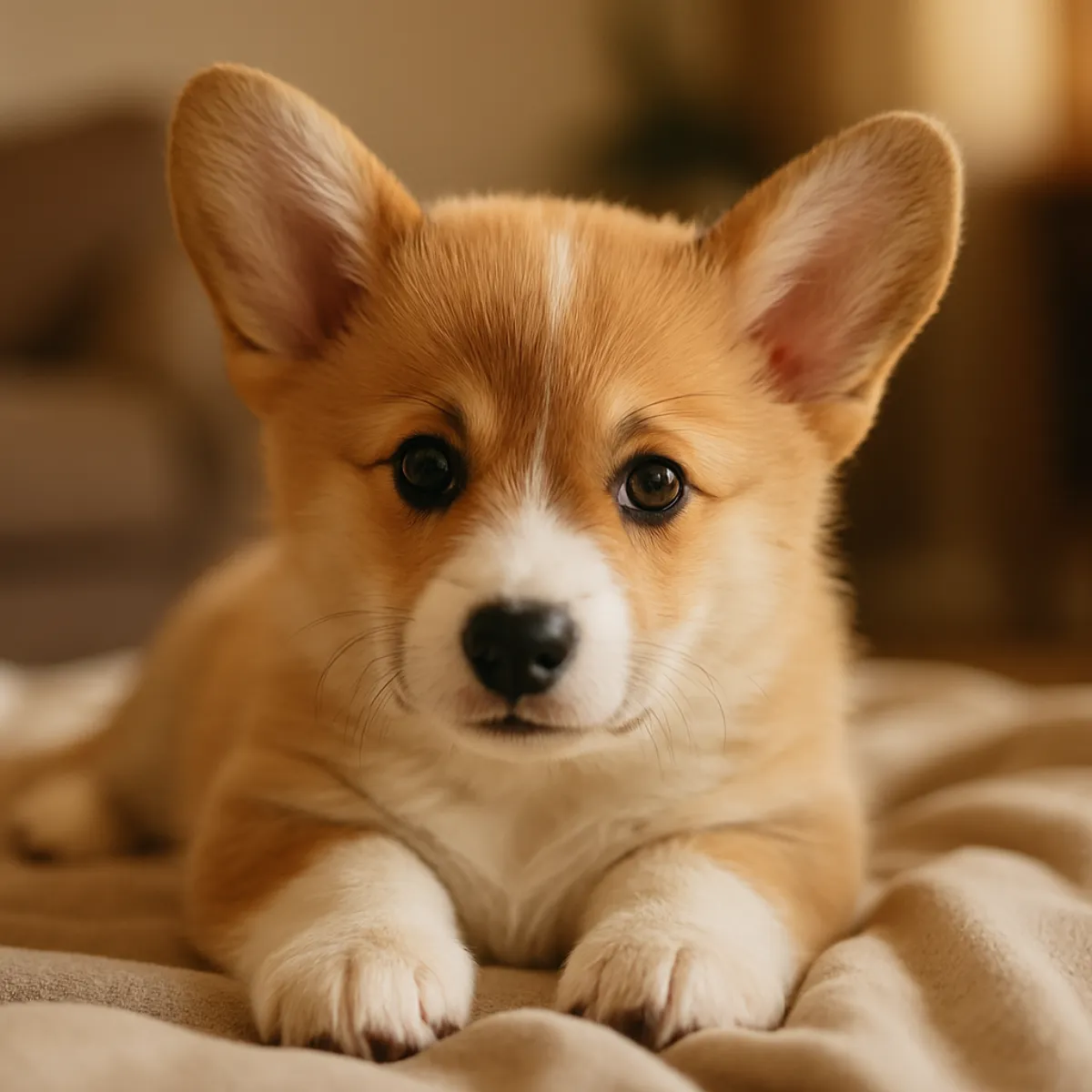 A young corgi puppy resting on a soft blanket in warm indoor light