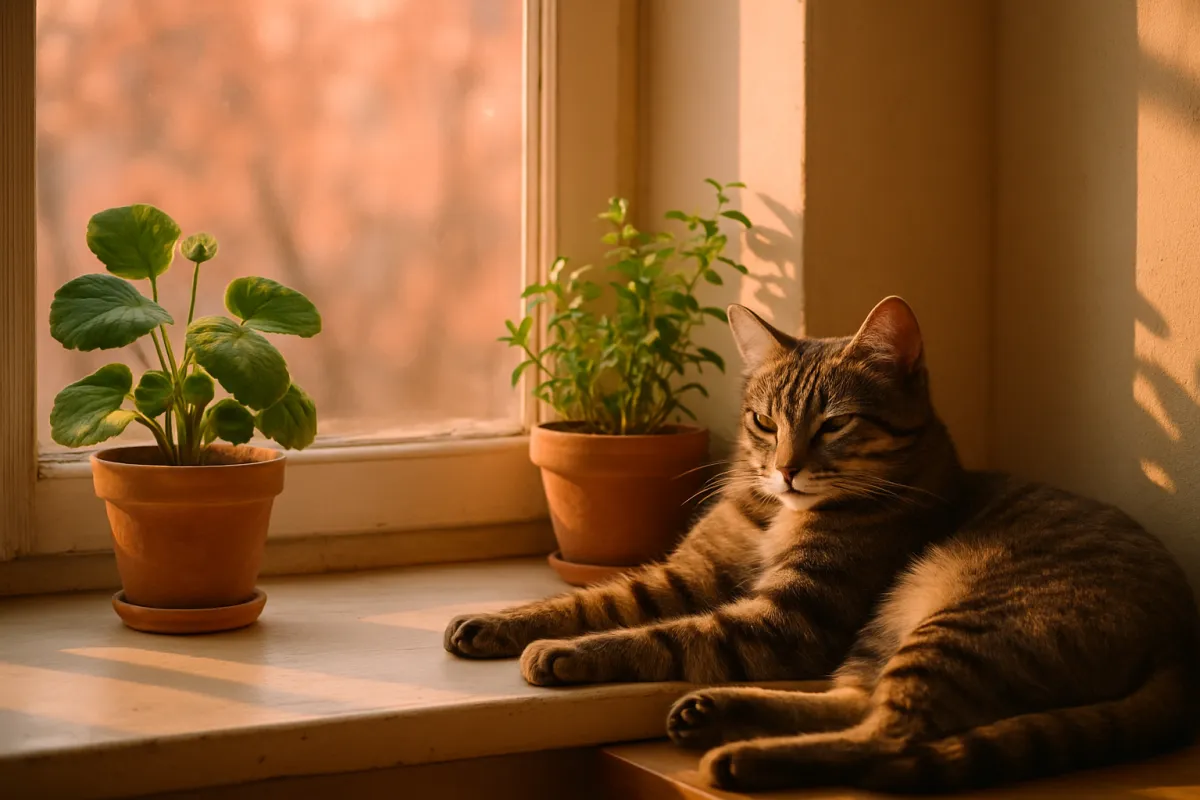 A relaxed tabby cat lounging on a windowsill beside potted plants in warm afternoon light