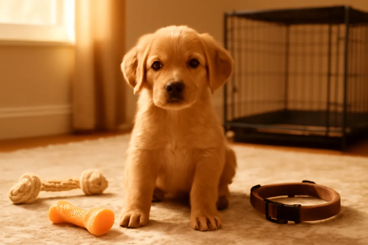 An adorable young puppy sitting on a rug at home beside chew toys and an open crate in a cozy living room