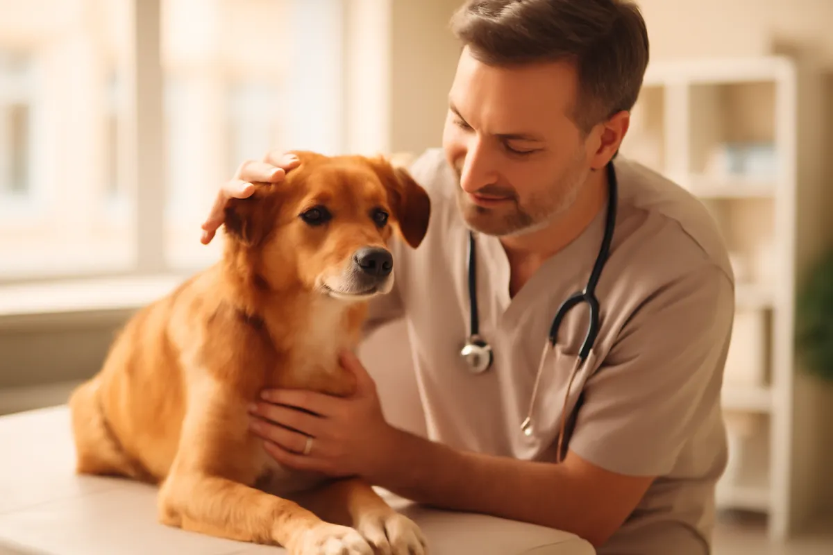 A friendly veterinarian gently examining a calm medium-sized dog on an exam table in a bright clinic