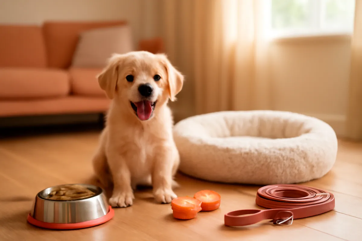 A happy young puppy sitting at home surrounded by new pet supplies, a food bowl, a soft bed and a chew toy in a bright living room in warm natural light