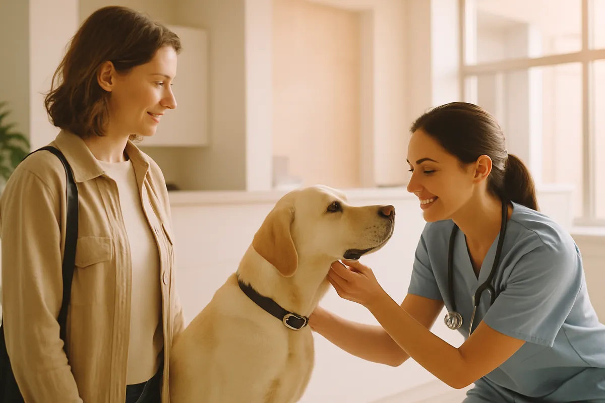 A pet owner meeting a friendly veterinarian who is gently greeting a calm dog at a clean bright veterinary clinic reception in warm natural light