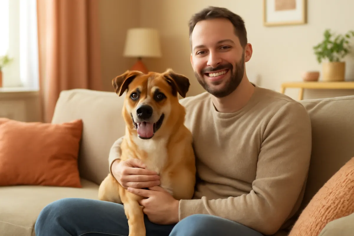 A happy dog sitting close beside its smiling owner on a couch in a warm cozy living room in soft natural light