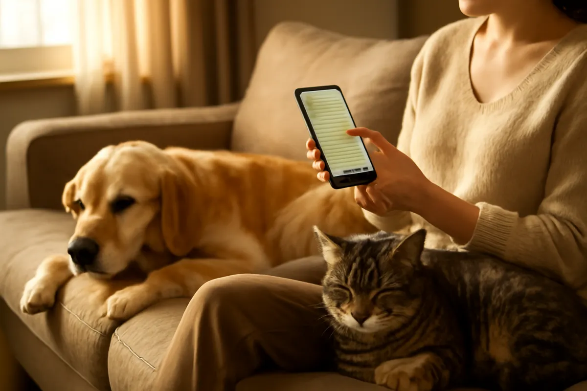 A pet owner sitting on a sofa at home filing an insurance claim on a smartphone with a relaxed dog and cat resting nearby in warm natural light