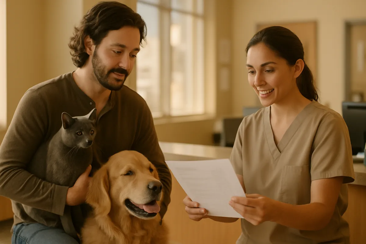 A pet owner with a dog and a cat at a veterinary clinic reception reviewing a printed cost estimate with a vet technician in warm natural light