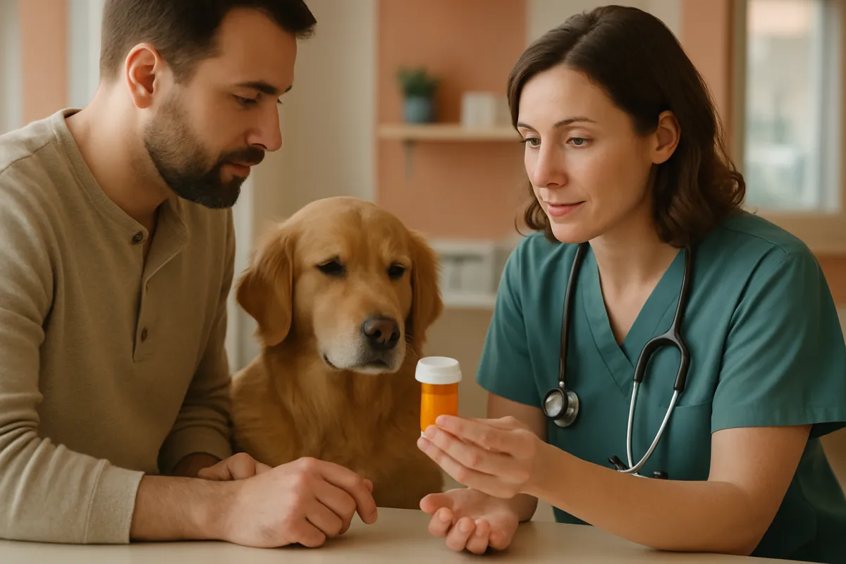 A pet owner and a veterinarian discussing a prescription medication bottle at a clinic counter with a calm dog nearby in warm natural light