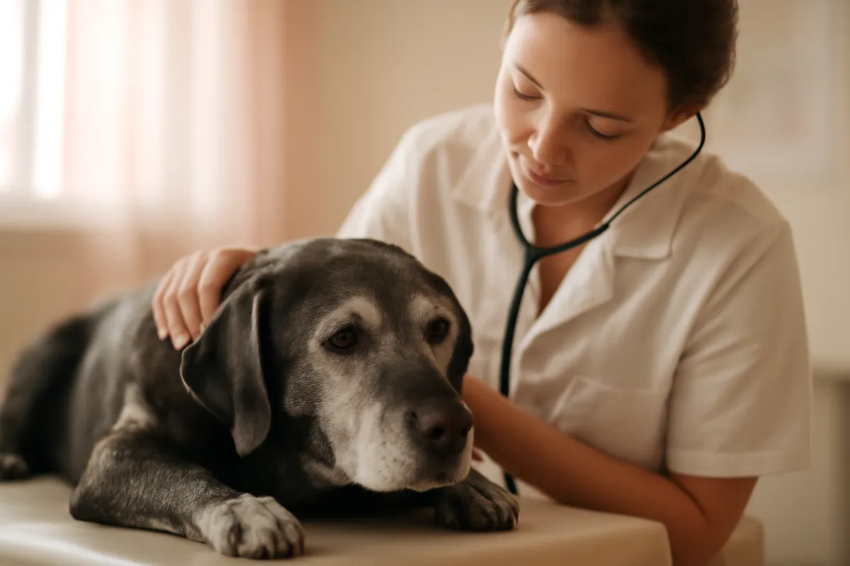 A calm senior dog resting on an exam table while a veterinarian gently checks it