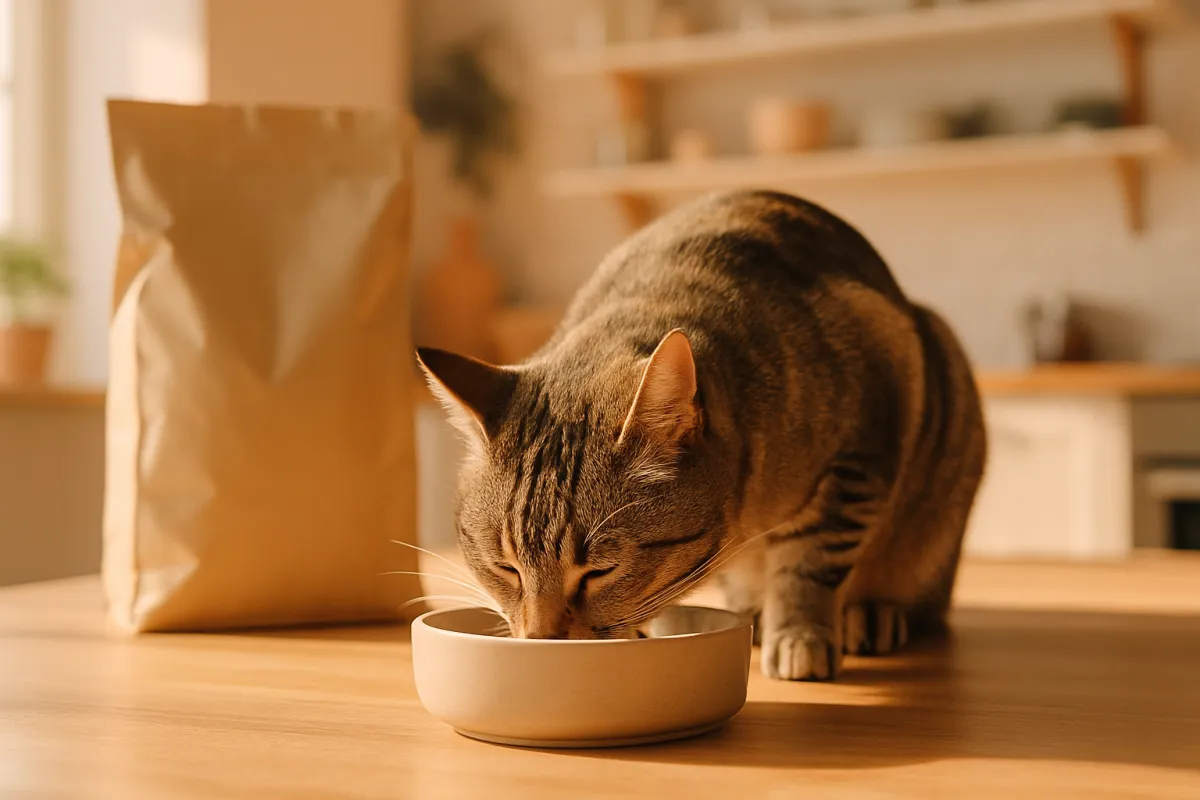 A shorthair cat eating from a ceramic bowl in a tidy kitchen with soft morning light