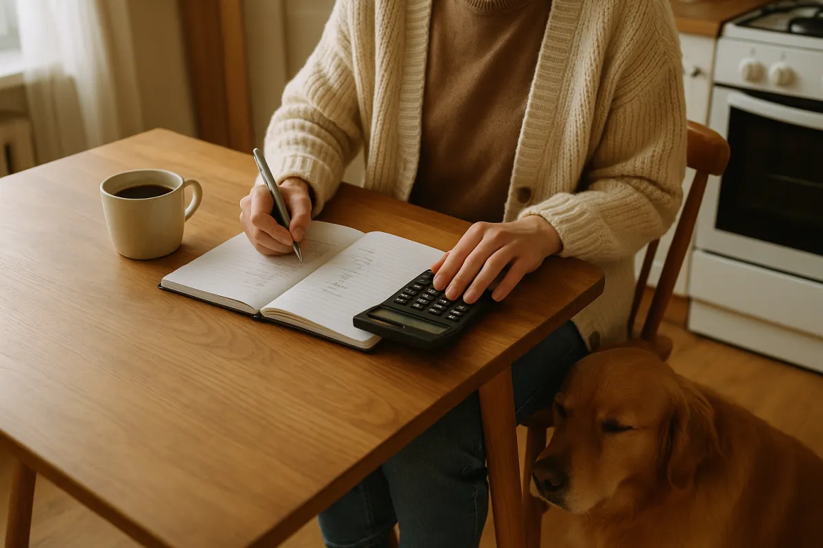A person planning a budget at a kitchen table with a dog resting nearby