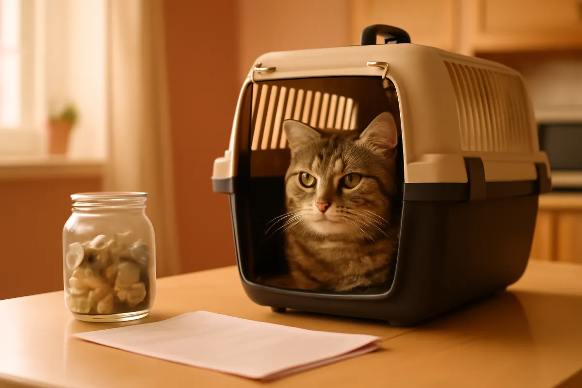 A tabby cat sitting inside an open pet carrier on a table beside a glass jar and a folded document