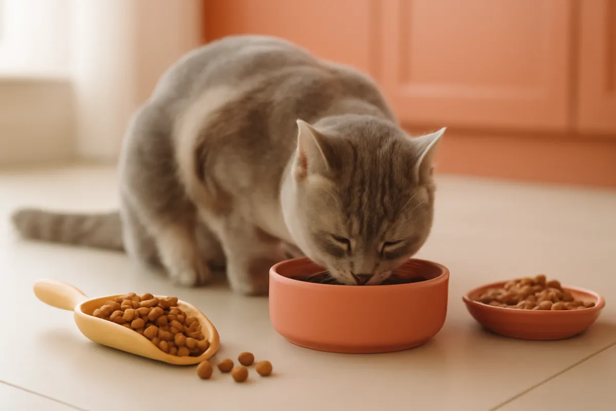 A grey cat lowering its head to eat from a round bowl on a tiled floor, with a wooden scoop of dry food and a small second dish beside it