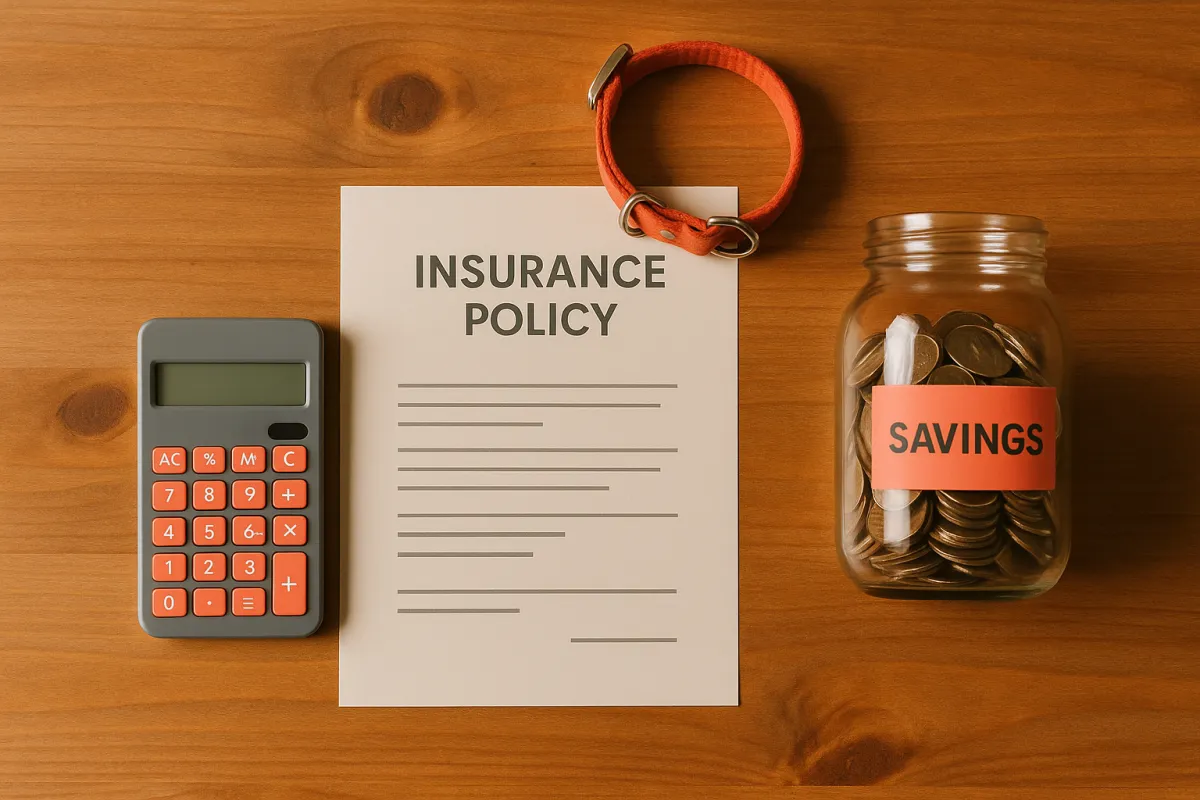 An insurance document, calculator, pet collar, and savings jar arranged on a table