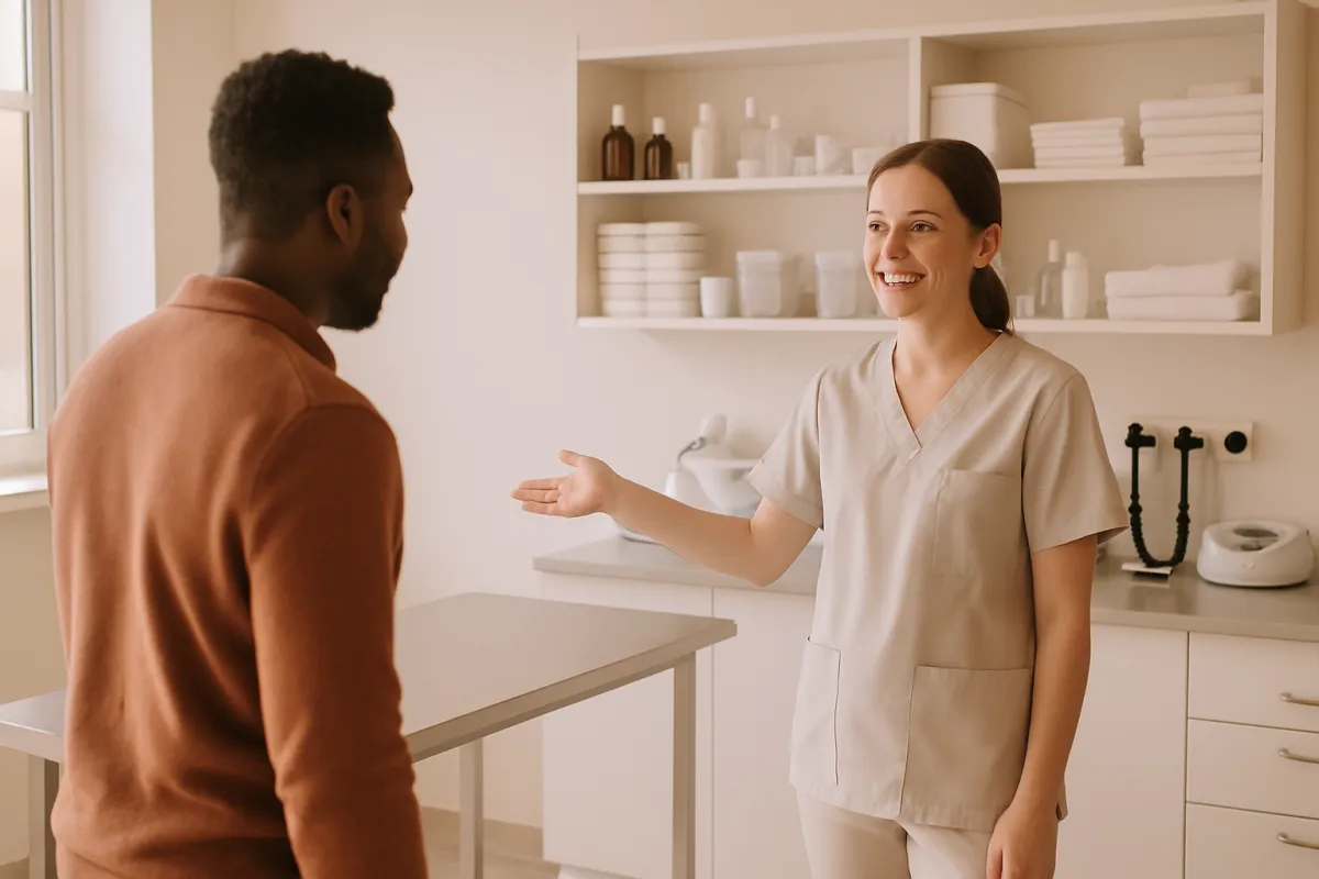 A veterinary nurse showing an owner around a clean, tidy clinic room in soft daylight