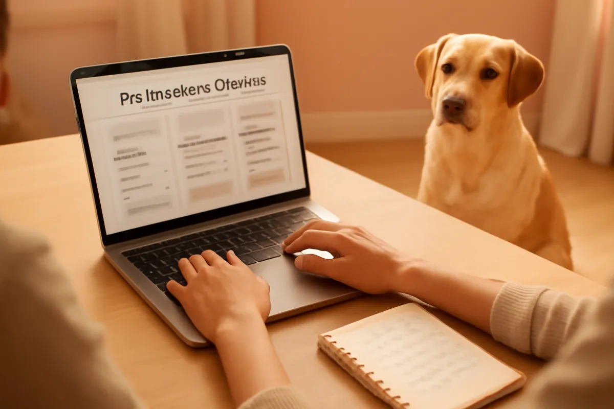 A person comparing pet insurance quotes on a laptop at a home desk with a handwritten notepad beside the keyboard and a dog in the background
