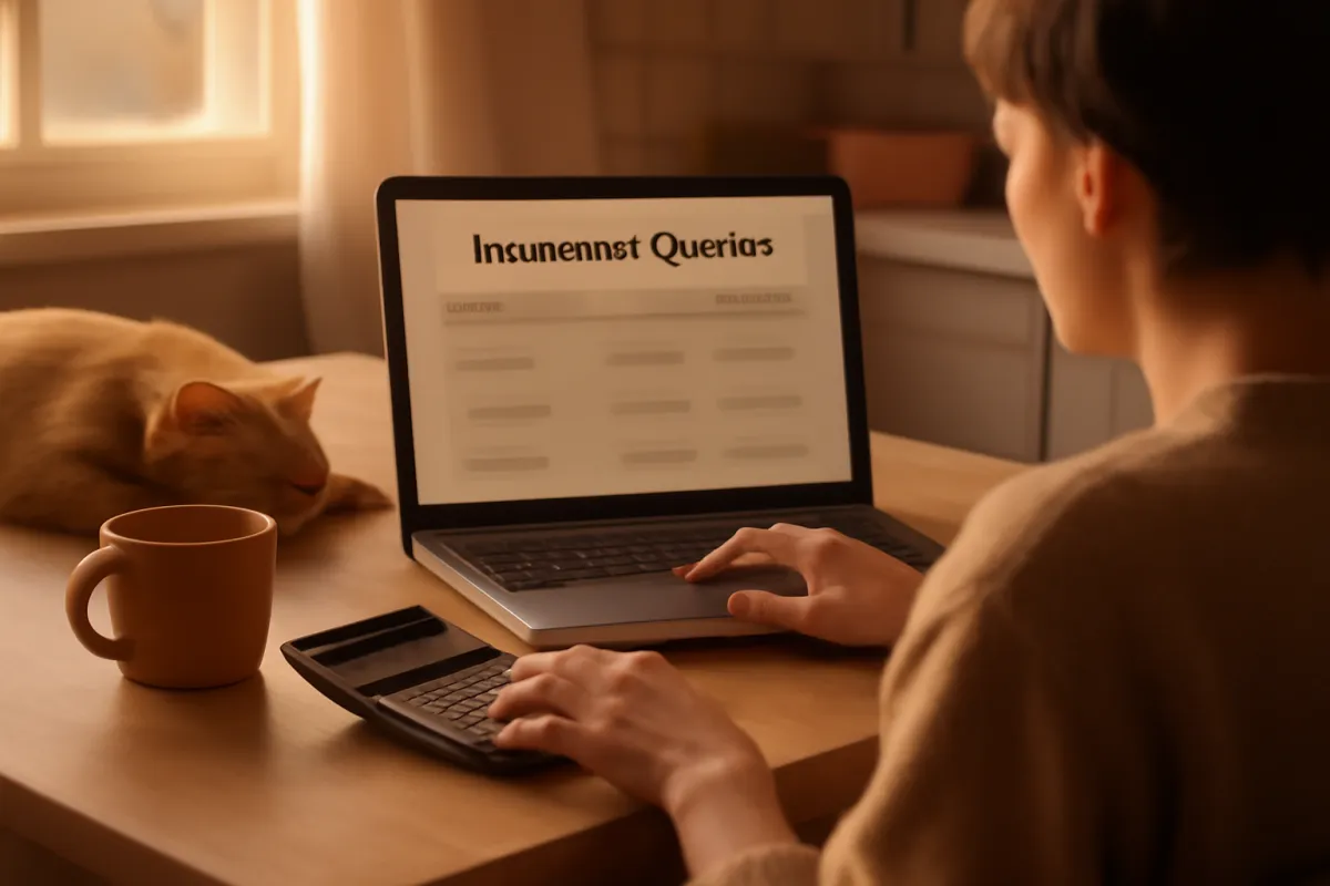 A pet owner at a kitchen table comparing pet insurance quotes on a laptop while a ginger cat sleeps beside them in warm natural light
