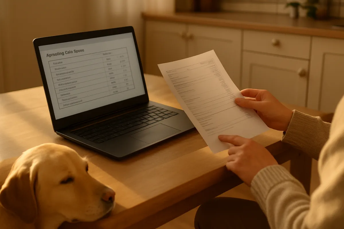 A person holding a printed itemized page beside a laptop showing a price comparison table, a Labrador resting nearby, in soft daylight