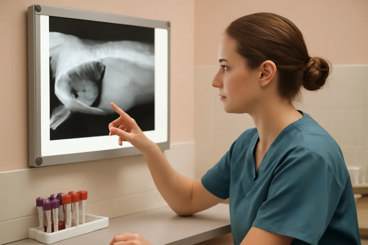 A veterinary technician pointing at a pet X-ray on a lightbox beside a rack of lab bloodwork tubes in a clinic