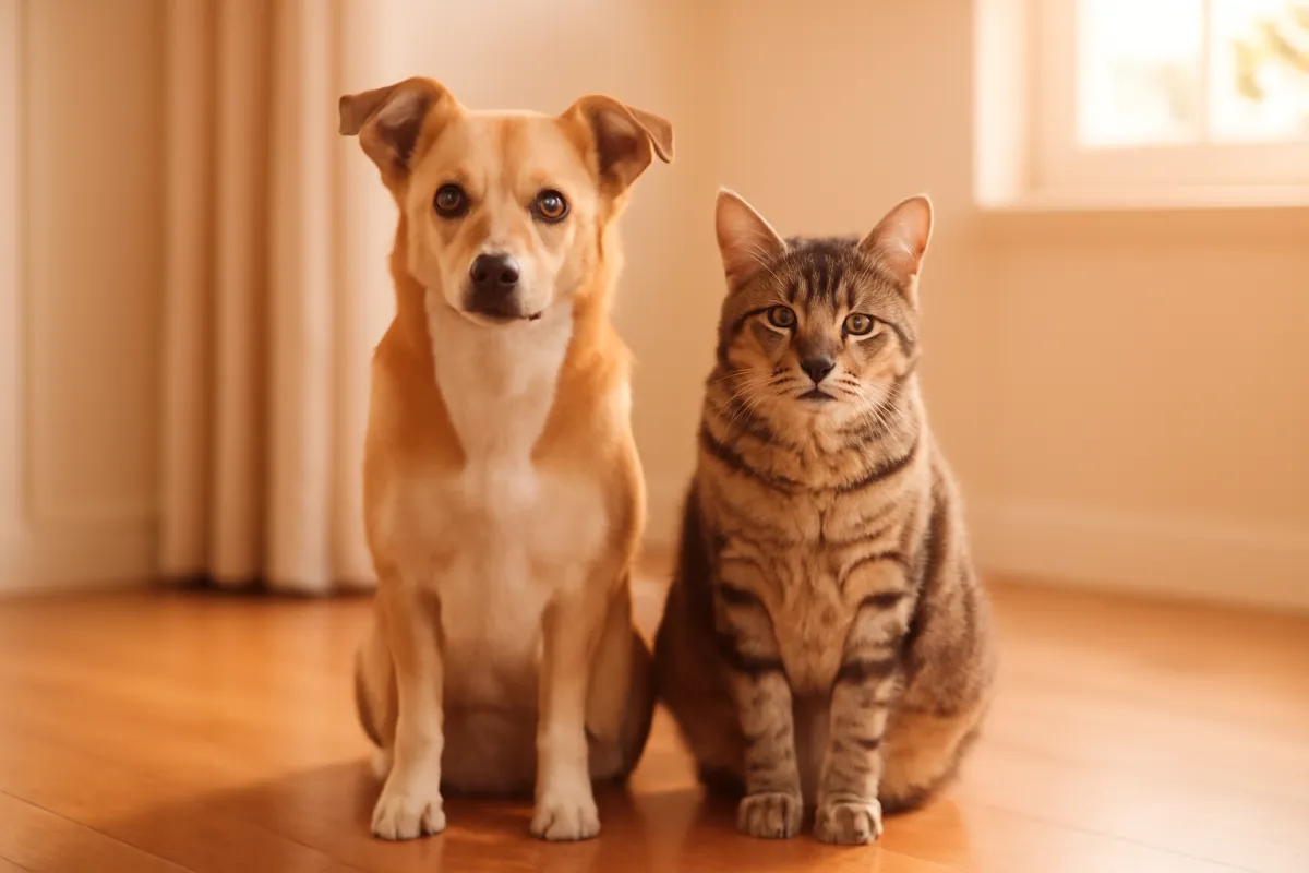 A medium-sized dog and a cat sitting side by side on a wooden floor