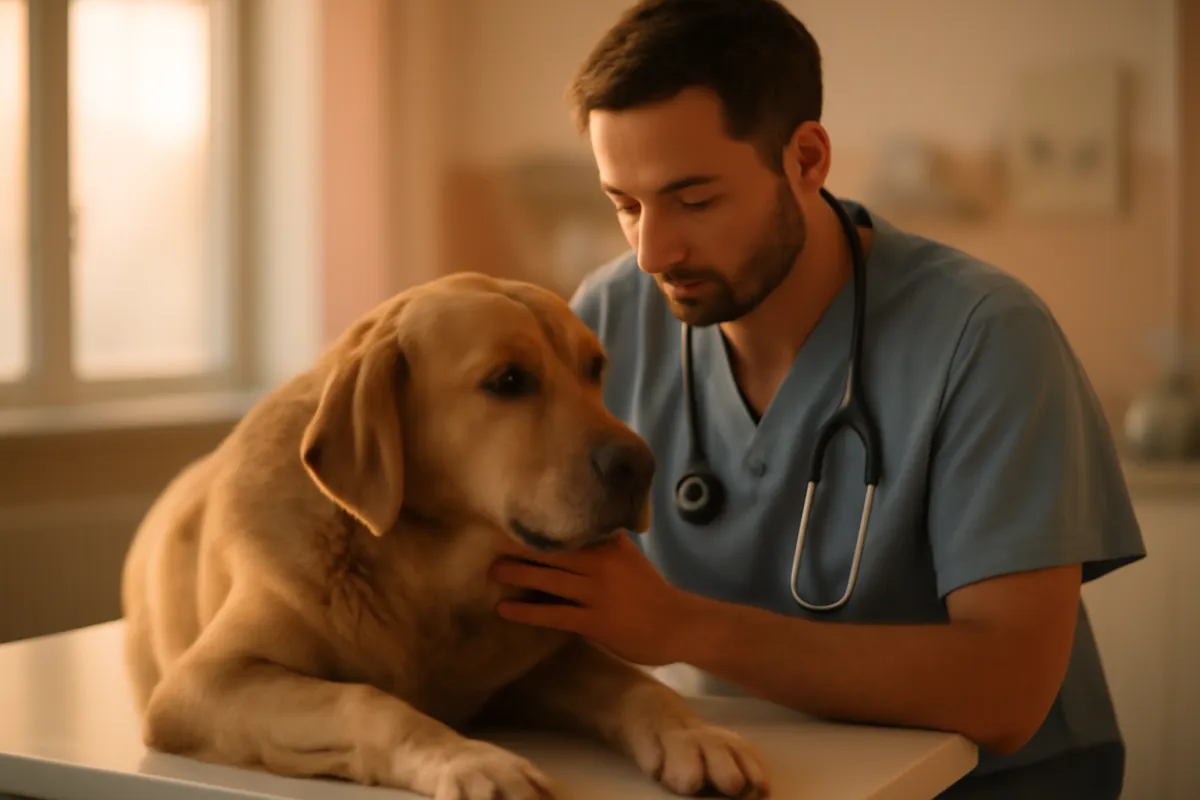 A veterinarian gently examining a dog during a calm checkup in a bright clinic