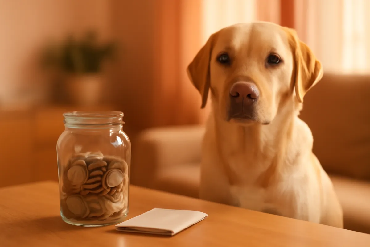 A dog sitting beside a glass savings jar of coins and a folded document on a wooden table at home