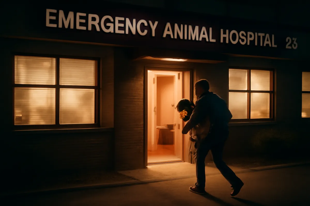 The glowing entrance of an emergency animal hospital at night with an owner carrying a dog toward the door