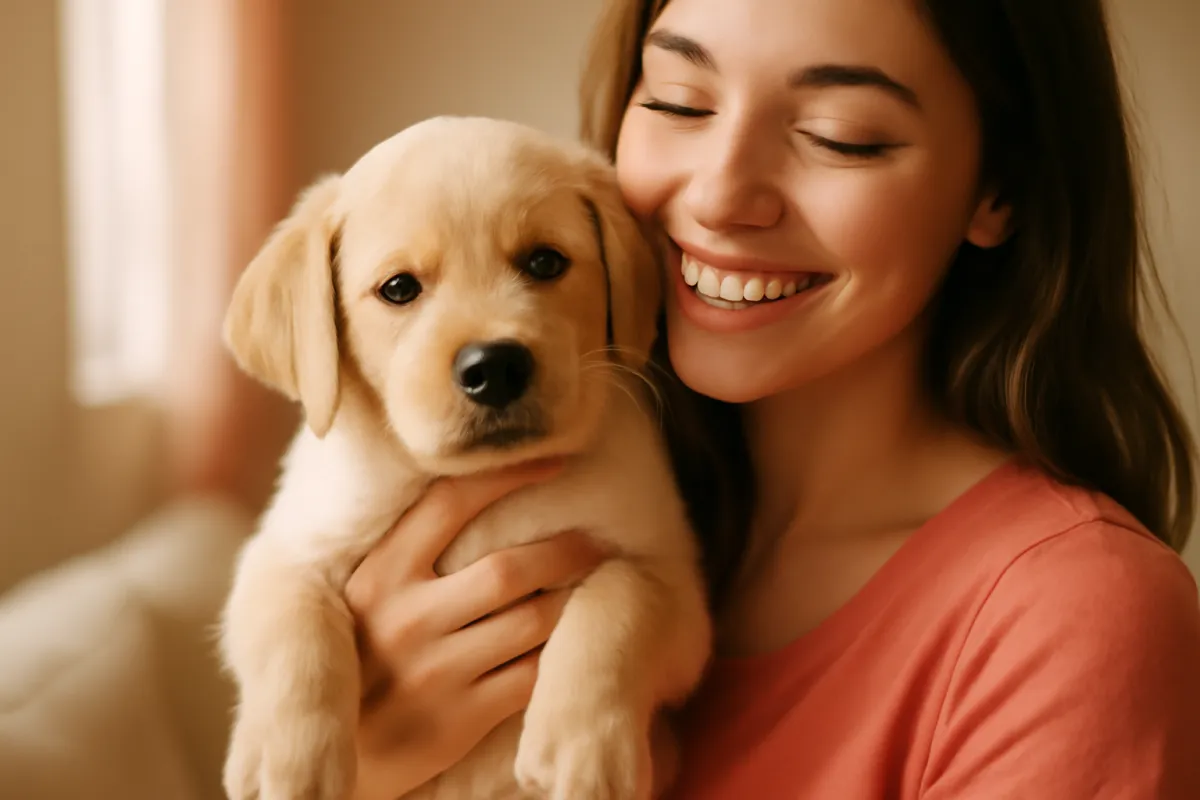A smiling owner holding a young cream Labrador puppy close at home in warm natural light