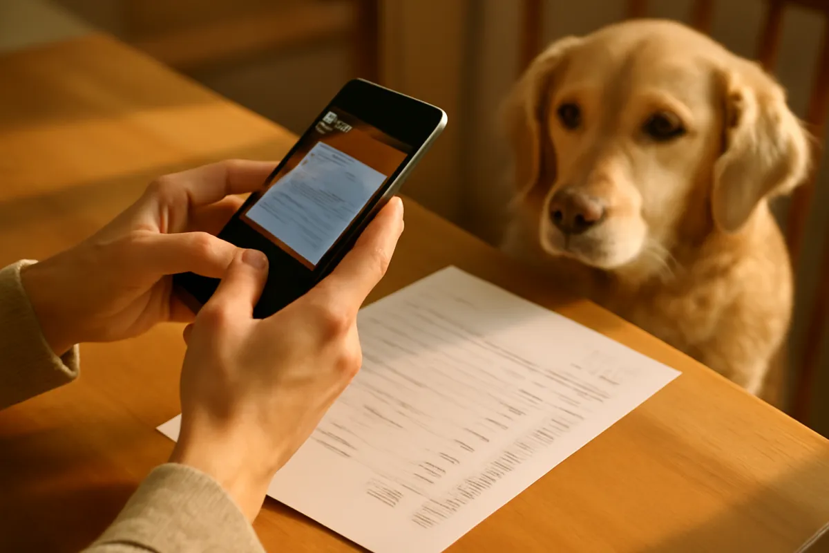 Close-up of a person photographing an itemized paper vet invoice with a smartphone at a kitchen table to submit a pet insurance claim, a calm dog nearby, in warm daylight