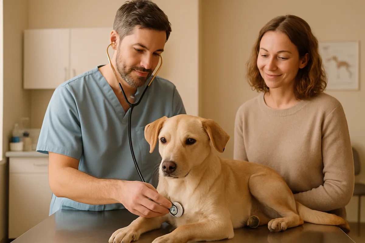 A calm dog on an exam table during a first veterinary visit while a gentle veterinarian examines it and the owner watches with a relaxed expression, in warm clinic light