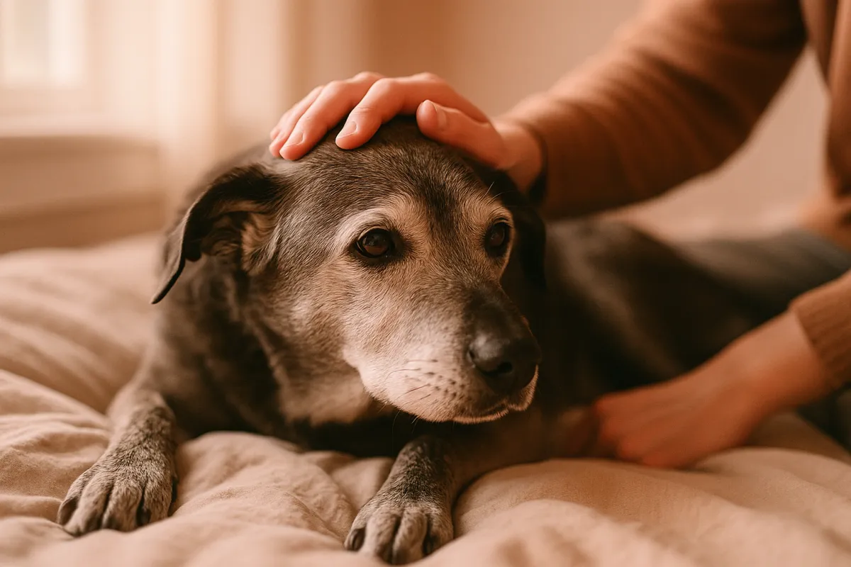 A calm grey-muzzled senior dog resting on a soft bed while its owner gently pets it