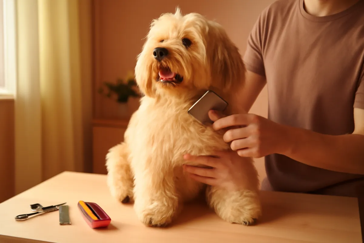 A fluffy curly-coated dog being brushed and groomed at home with grooming tools on a table