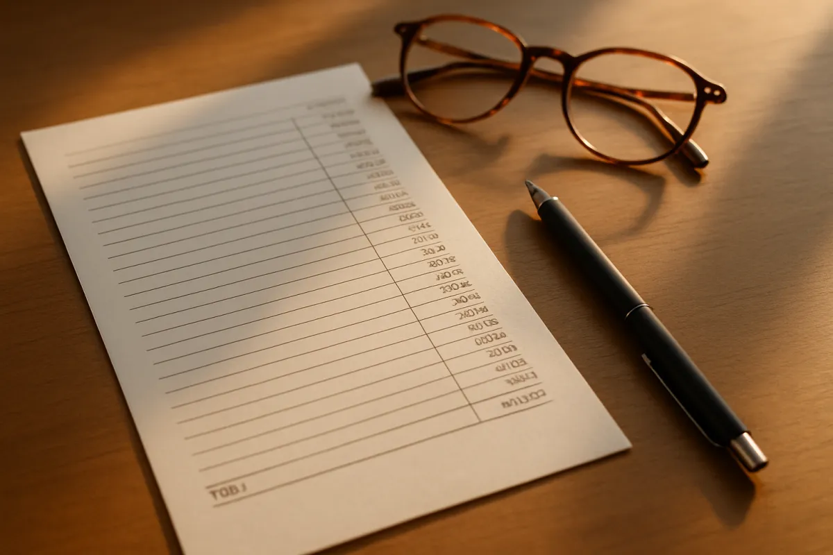 A printed itemized statement on a wooden desk, rows of line items with a column of figures down the right and a ruled-off final row at the bottom, reading glasses and a pen beside it