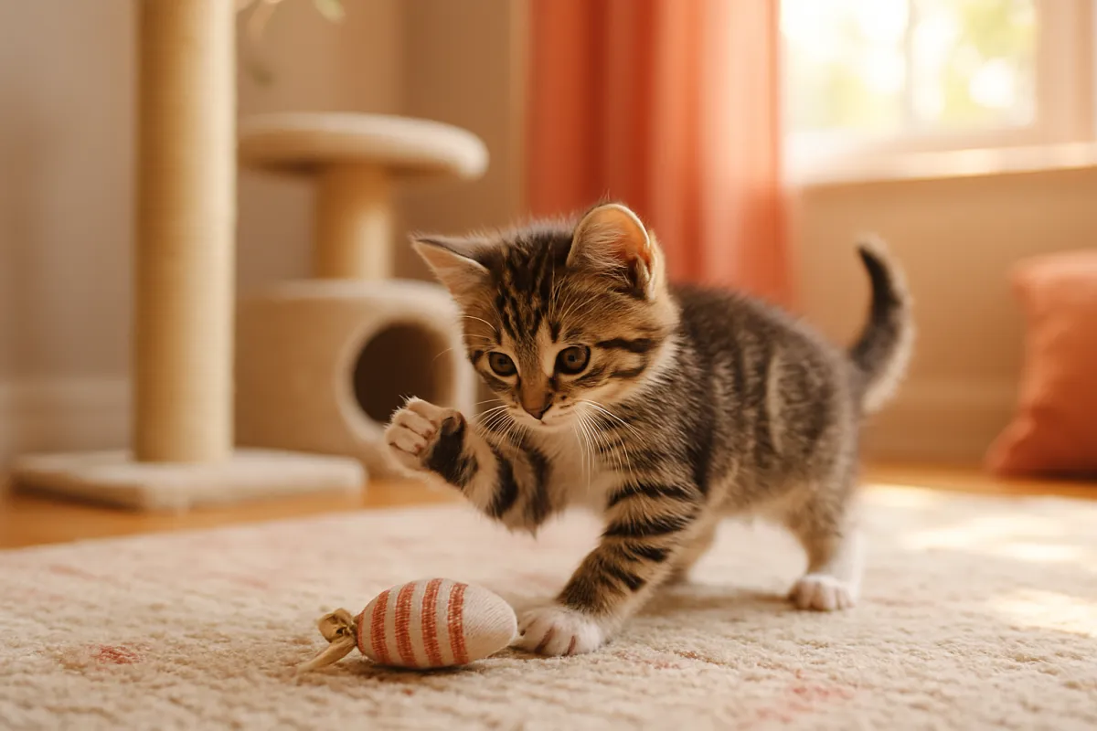 A small striped kitten standing on a rug with one paw raised over a soft toy, with a carpeted cat tree behind it