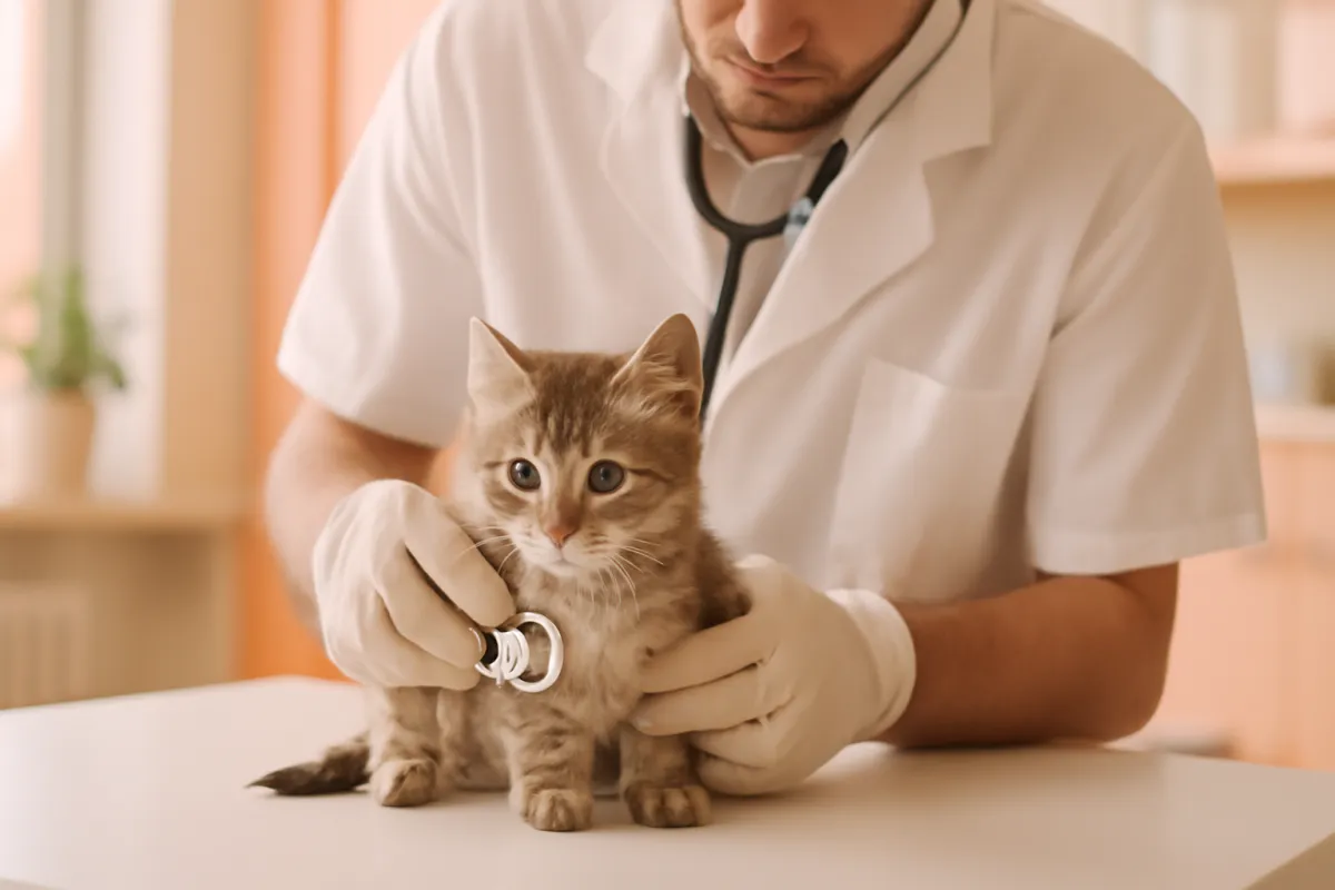 A young cat being examined by a veterinarian on a clinic table under bright light