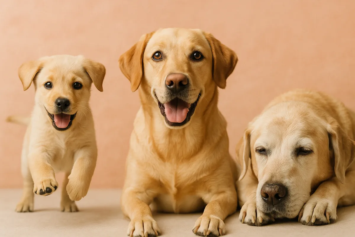 The same yellow Labrador shown at three life stages, from a bounding puppy to a pale-muzzled senior dozing