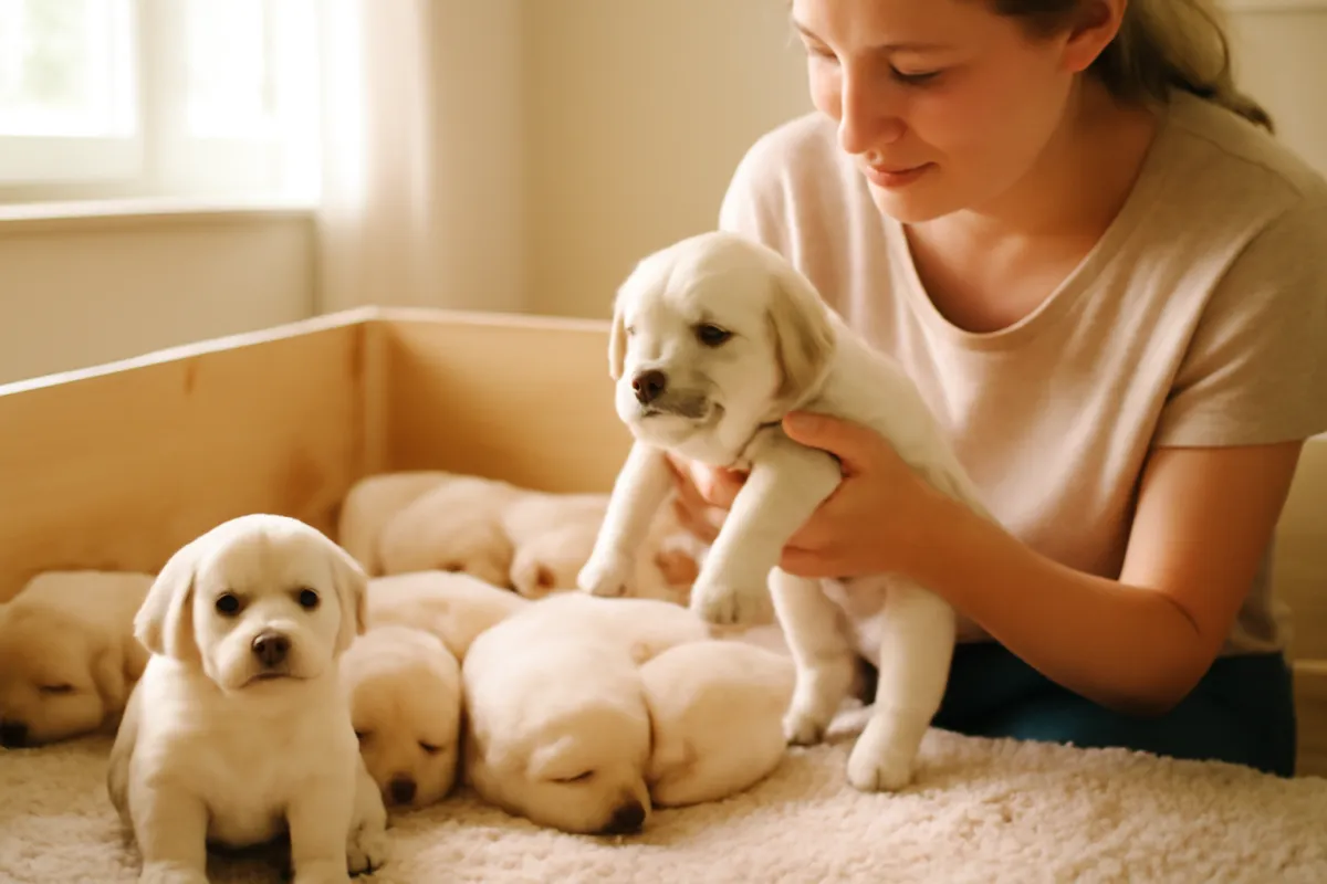A litter of pale young puppies in a clean home whelping box with a breeder gently holding one up