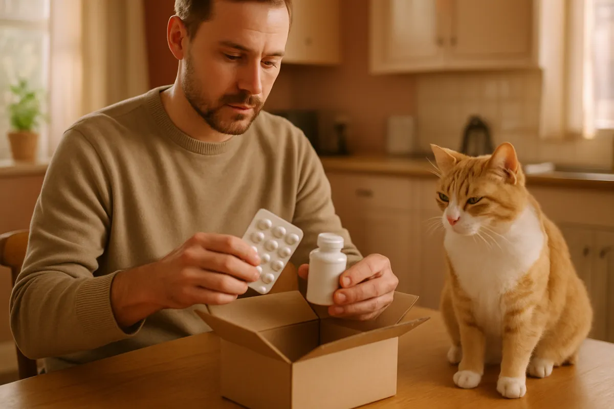A pet owner opening a mail-order pharmacy package of pet medication at a kitchen table with a calm cat nearby in warm natural light