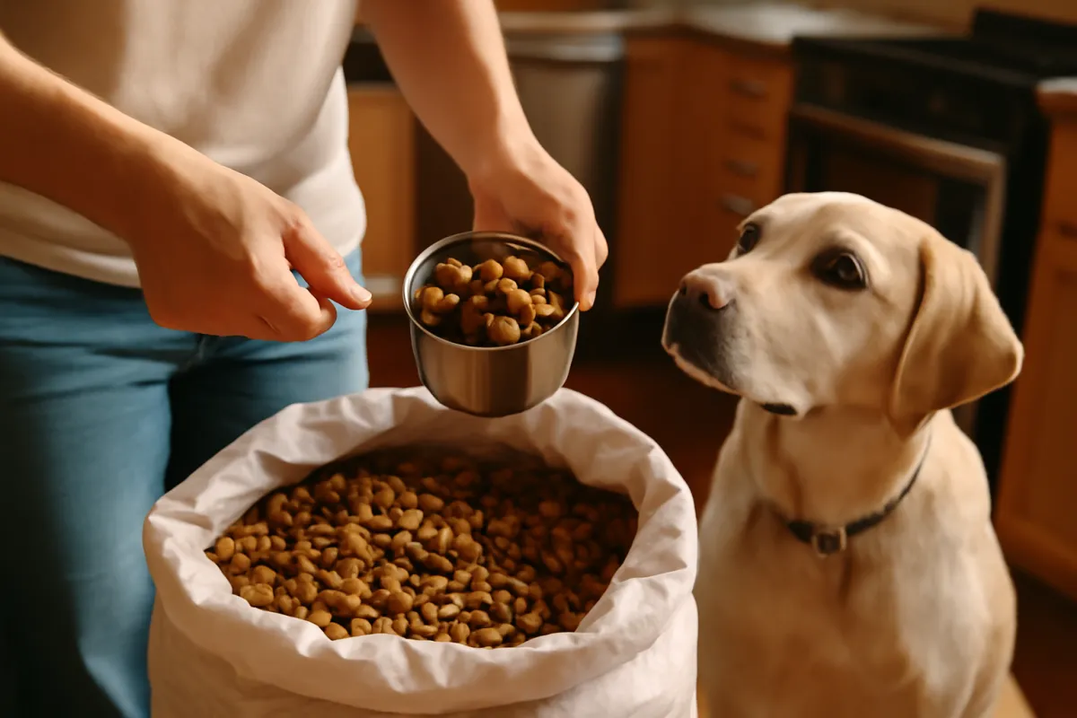 A person scooping dry dog kibble from a large bag into a measuring cup in a home kitchen while a dog waits nearby
